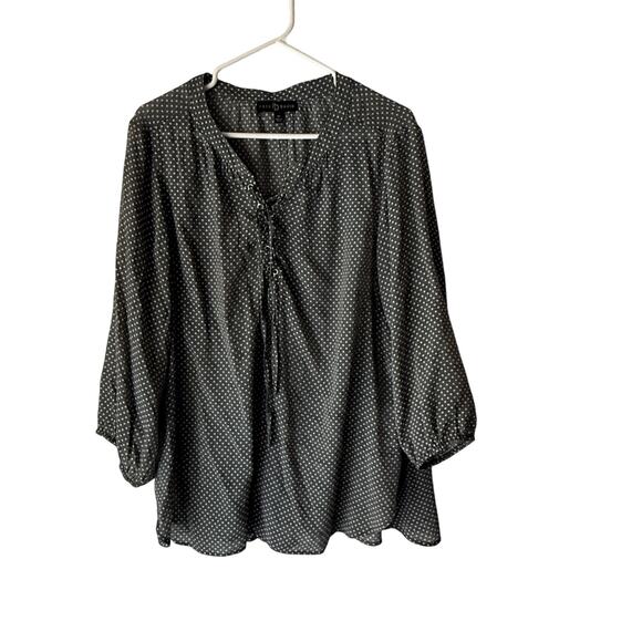 Fred David Blouse‎ Womens 1X Gray White Polka Dot Long Sleeve Lace Up Top Plus - Picture 1 of 10